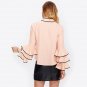 Bow Neck Wave Lace Trim Layered Flare Sleeve Blouse Autumn Women\'s Top Pink Band Collar Long Sleeve