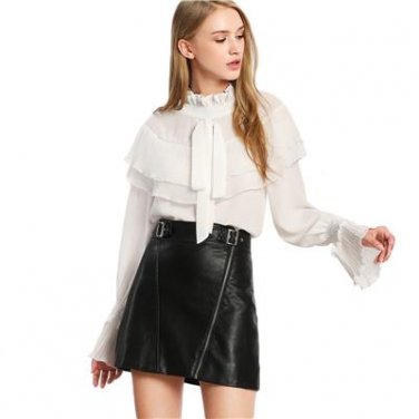 Blouses 2018 Spring White Ruffle Long Sleeve Elegant Womens Tops and Blouses Flounce Layered Bow Det