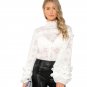 Casual Smocked Neck Puff Sleeve Ruffle Blouse Women White Stand Collar Layered Frill Plain Top 2018