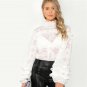 Casual Smocked Neck Puff Sleeve Ruffle Blouse Women White Stand Collar Layered Frill Plain Top 2018