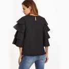 Womens Fashion Korean Ladies Tops Women Business Casual Clothing Black Keyhole Back Layered Sleeve T