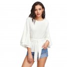 Tie Front Layered Trumpet Sleeve Textured Blouse With Belt Elegant White Round Neck Long Sleeve Ruff