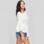 Tie Front Layered Trumpet Sleeve Textured Blouse With Belt Elegant White Round Neck Long Sleeve Ruff