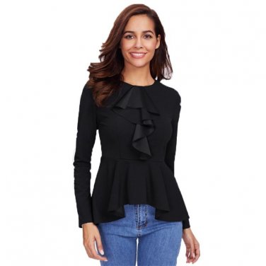 Asymmetrical Flounce Front High Low Peplum Blouse 2017 Elegant Round Neck Long Sleeve Ruffle Tiered 