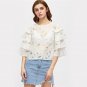 Layered Sleeve Cut Out Floral Blouse 2017 White Elegant Women Sexy Brief Summer Tops Cute 3/4 Sleeve