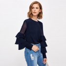 Mesh Insert Tiered Bell Sleeve Blouse Navy Round Neck Layered Sleeve Plain Top With Button Women Cas