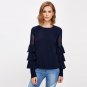 Mesh Insert Tiered Bell Sleeve Blouse Navy Round Neck Layered Sleeve Plain Top With Button Women Cas