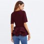 Tiered Ruffle Hem Peplum Blouse Burgundy Round Neck Short Sleeve Tiered Layer Plain Top Women Elegan