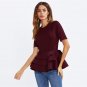 Tiered Ruffle Hem Peplum Blouse Burgundy Round Neck Short Sleeve Tiered Layer Plain Top Women Elegan