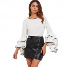 Wave Tape Trim Bow Back Layered Flare Sleeve Elegant Blouse 2017 Ladies Round Neck Long Sleeve Ruffl