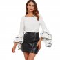 Wave Tape Trim Bow Back Layered Flare Sleeve Elegant Blouse 2017 Ladies Round Neck Long Sleeve Ruffl