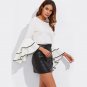 Wave Tape Trim Bow Back Layered Flare Sleeve Elegant Blouse 2017 Ladies Round Neck Long Sleeve Ruffl
