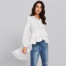 Long Sleeve Ruffle Slim Blouse White Turn-down Collar Dip Hem Frill Layered Plain Shirt Women Elegan