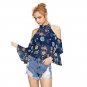 Random Foliage Print Tops Frill Layered Boho Blouse 2017 Women Open Shoulder Summer Tops Fashion Sex