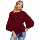 Burgundy Round Neck Women Blouse Tie Front Layered Trumpet Flare Sleeve Textured Top 2018 Office Wor