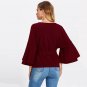 Burgundy Round Neck Women Blouse Tie Front Layered Trumpet Flare Sleeve Textured Top 2018 Office Wor