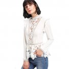 Stand Collar Long Sleeve Tiered Layer Slim Fit Blouse White Frilled Shoulder Lace Insert Peplum Eleg
