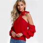 Red Self Tie Choker Sexy Tops Asymmetric One Shoulder Blouse 2017 Women Summer Tops Bishop Sleeve Sw
