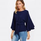 Tie Front Layered Flare Sleeve Textured Blouse 2017 Navy Round Neck Long Sleeve Ruffle Elegant Blous