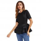 Tiered Ruffle Hem Peplum Blouse 2017 Casual Black Round Neck Short Sleeve Layered Blouse Women Elega