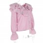 Women Casual Flare Sleeve Slim Tops Sweet Pink Striped Layered Ruffles V Neck Autumn Blouse Shirt
