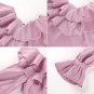 Women Casual Flare Sleeve Slim Tops Sweet Pink Striped Layered Ruffles V Neck Autumn Blouse Shirt
