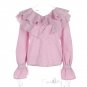 Women Casual Flare Sleeve Slim Tops Sweet Pink Striped Layered Ruffles V Neck Autumn Blouse Shirt