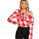 Red Plaid Asymmetrical Neck Blouse Women Flounce Layered Neckline Cotton Top 2018 Spring Long Sleeve
