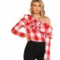 Red Plaid Asymmetrical Neck Blouse Women Flounce Layered Neckline Cotton Top 2018 Spring Long Sleeve