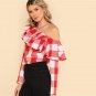 Red Plaid Asymmetrical Neck Blouse Women Flounce Layered Neckline Cotton Top 2018 Spring Long Sleeve