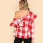 Red Plaid Asymmetrical Neck Blouse Women Flounce Layered Neckline Cotton Top 2018 Spring Long Sleeve