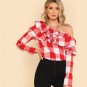 Red Plaid Asymmetrical Neck Blouse Women Flounce Layered Neckline Cotton Top 2018 Spring Long Sleeve