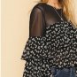 Mesh Shoulder Layered Sleeve Floral Crop Top 2018 Spring Fall Vacation Blouse Womens Round Neck Eleg