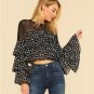 Mesh Shoulder Layered Sleeve Floral Crop Top 2018 Spring Fall Vacation Blouse Womens Round Neck Eleg