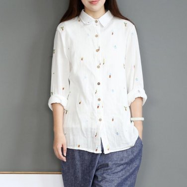 Super soft double layers cotton yarn long sleeve floral Potted plants embroidery long sleeve shirt b
