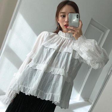 chic retro small fresh embroidery lace layer shirt top mori girl 2018 new