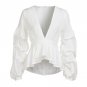 Women\'s Sexy Deep-V-Neck blouse Corset Shirt Puff Sleeve Autumn Casual White Layer Peplum Top Blous