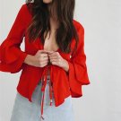 Women Sexy Deep V neck Bandge Tops Solid Butterfly Layer Sleeve Blouse Long sleeve European style Bl