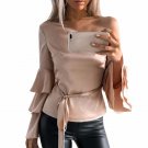 Women bow tie blouses Autumn One Shoulder Long Lotus Sleeve Shirt Loose Layered Sleeve Tops Roupas F