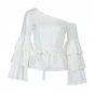 Women bow tie blouses Autumn One Shoulder Long Lotus Sleeve Shirt Loose Layered Sleeve Tops Roupas F