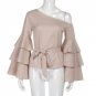 Women bow tie blouses Autumn One Shoulder Long Lotus Sleeve Shirt Loose Layered Sleeve Tops Roupas F