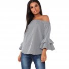 2017 Autumn Women Blouses Gray Plaid Shirt Long Sleeve Blouse Off Shoulder Tops Flare Sleeve Office 