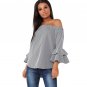 2017 Autumn Women Blouses Gray Plaid Shirt Long Sleeve Blouse Off Shoulder Tops Flare Sleeve Office