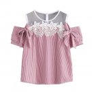 Women Sexy Flower Blouses 2017 Short Sleeve Off Shoulder Lace Striped Blouse Female Casual Tops Blus