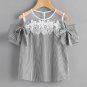 Women Sexy Flower Blouses 2017 Short Sleeve Off Shoulder Lace Striped Blouse Female Casual Tops Blus