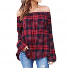 Women\'s Casual Plaid Sexy Off Shoulder Long Sleeve Shirt Tops Blouse