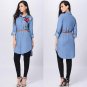 Fashion Rose Embroidered Women Long Sleeve Collared Long Shirt Party Top Turn-down Collar Blue Shirt