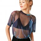 Women Hollow Transparent Round Neck Short Sleeve T-shirt Top Blouse