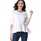 High Quality Office Ladies Women Casual Summer Chiffon Neck Half Sleeves Ruffles Hem White Blouses T