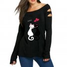 Women Ladies Off Shoulder Cat Love Prints Shirt Long Sleeve Tops Blouse